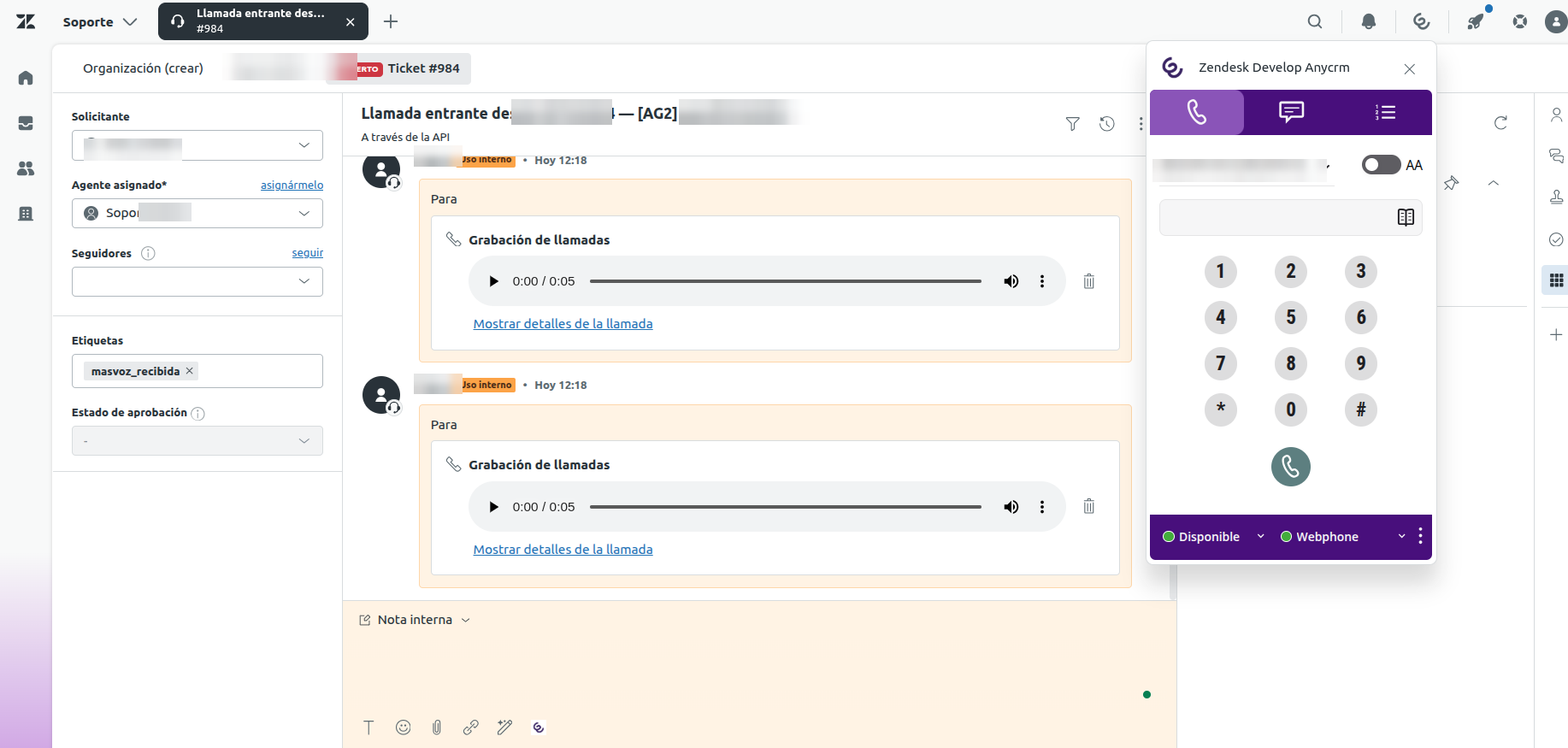 Enreach Zendesk screenshot